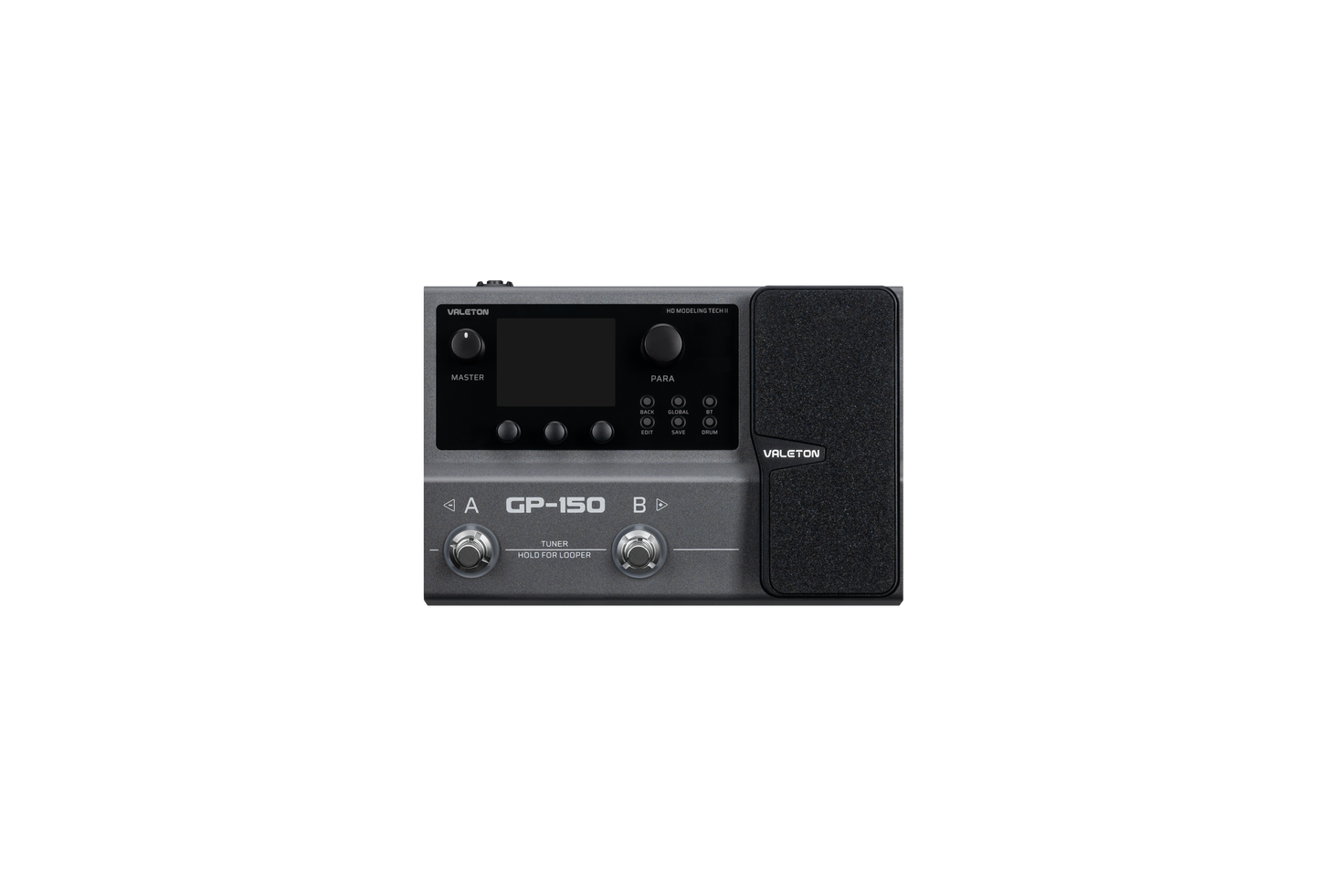 Valeton GP-150 vista frontal com dois footswitches, knobs de controle e pedal de expressão integrado