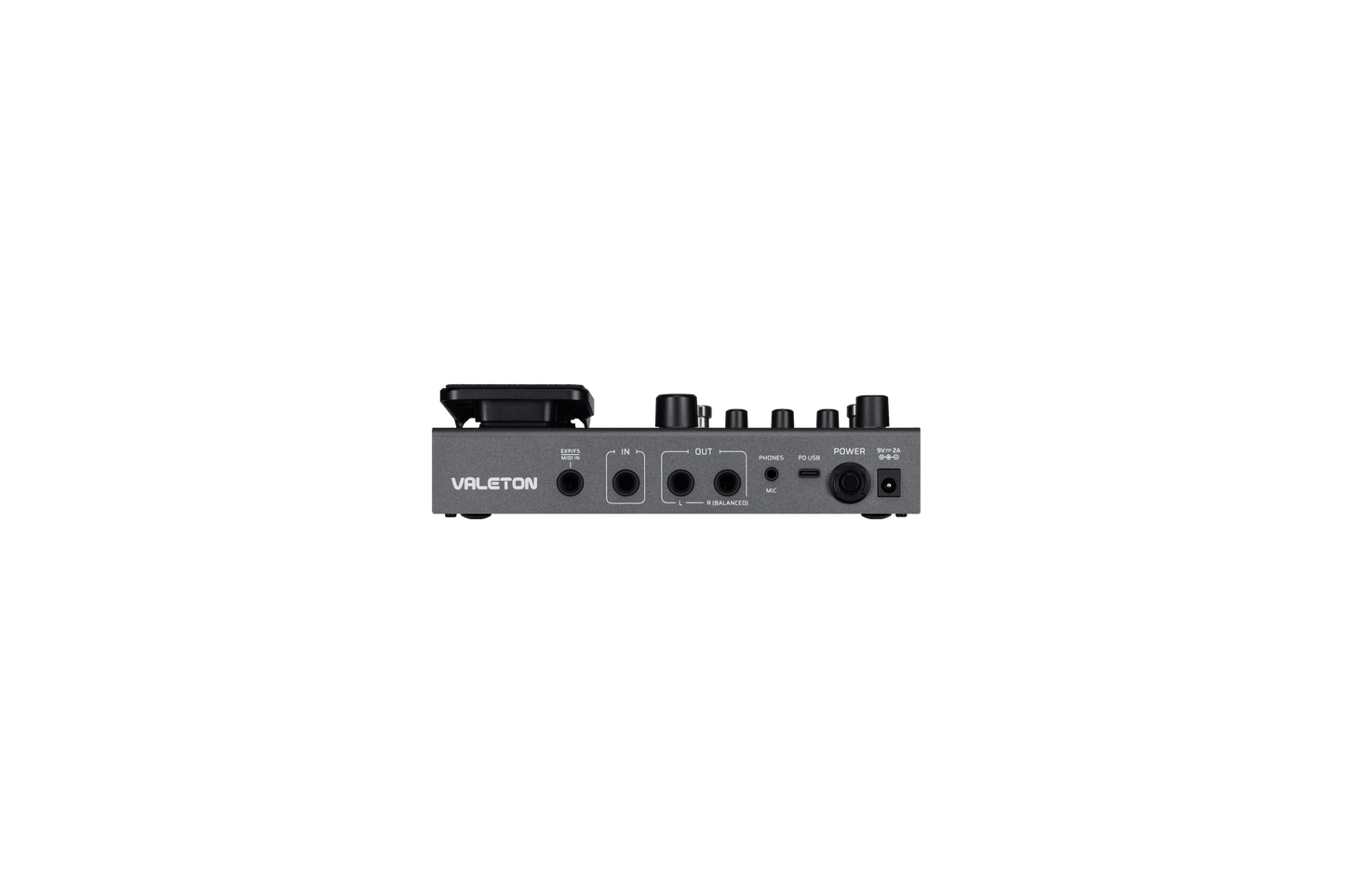 Conexões traseiras da Valeton GP-150 com USB-C, alimentação DC, entrada, saídas estéreo, fone e MIDI